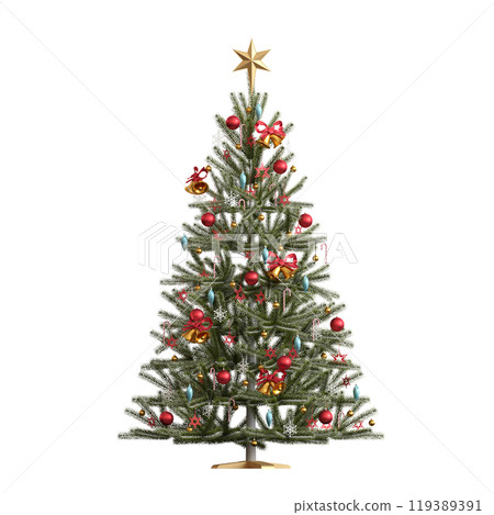Christmas tree with decorations, isolated on white background, 3D illustration, cg render 119389391