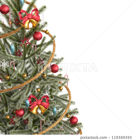 Christmas tree with decorations, isolated on white background, 3D illustration, cg render Christmas tree with decorations, isolated on white background, 3D illustration, cg render 119389393
