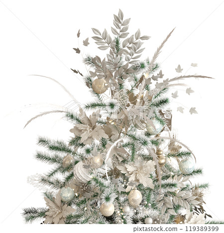 Christmas tree with decorations, isolated on white background, 3D illustration, cg render Christmas tree with decorations, isolated on white background, 3D illustration, cg render 119389399