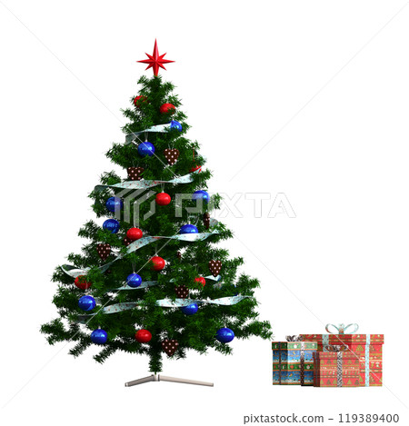 Christmas tree with decorations, isolated on white background, 3D illustration, cg render 119389400