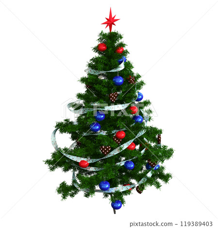 Christmas tree with decorations, isolated on white background, 3D illustration, cg render 119389403