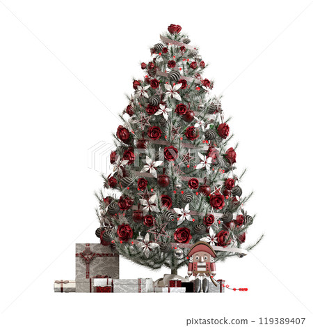 Christmas tree with decorations, isolated on white background, 3D illustration, cg render 119389407