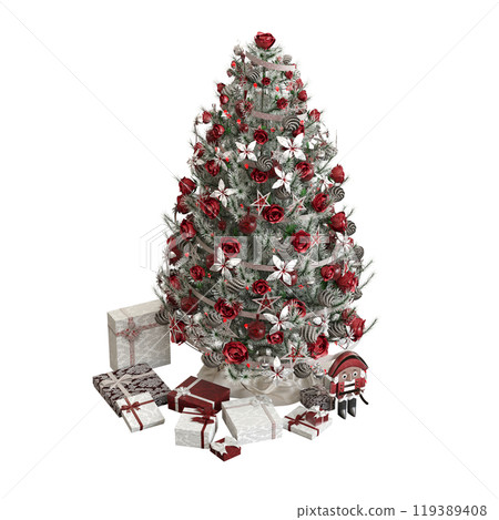 Christmas tree with decorations, isolated on white background, 3D illustration, cg render 119389408