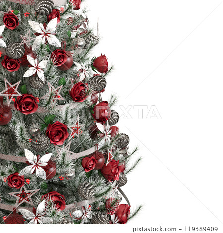 Christmas tree with decorations, isolated on white background, 3D illustration, cg render 119389409