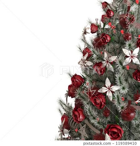 Christmas tree with decorations, isolated on white background, 3D illustration, cg render Christmas tree with decorations, isolated on white background, 3D illustration, cg render 119389410