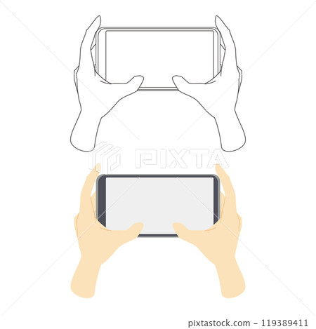 Set of color and line illustrations of hands operating a smartphone game screen 2 119389411