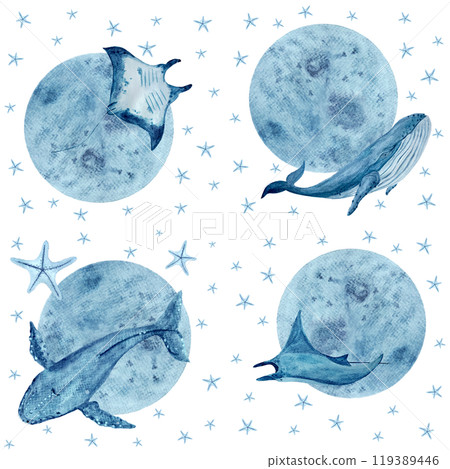 Moon and manta ray, starfish, blue whale seamless pattern isolated on white. High quality hand-drawn blue monochromatic watercolor for textile, wrapping paper, posters, cards, eco, souvenirs design Moon and manta ray, starfish, blue whale seamless pattern isolated on white. High quality hand-drawn blue monochromatic watercolor for textile, wrapping paper, posters, cards, eco, souvenirs design 119389446