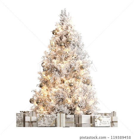 Christmas tree with decorations, isolated on white background, 3D illustration, cg render 119389458