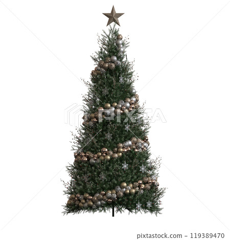 Christmas tree with decorations, isolated on white background, 3D illustration, cg render Christmas tree with decorations, isolated on white background, 3D illustration, cg render 119389470