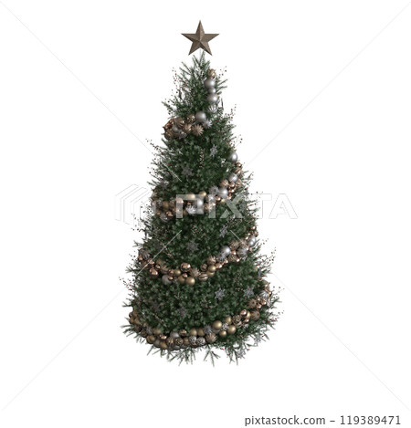 Christmas tree with decorations, isolated on white background, 3D illustration, cg render 119389471