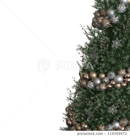 Christmas tree with decorations, isolated on white background, 3D illustration, cg render 119389472