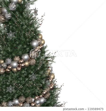 Christmas tree with decorations, isolated on white background, 3D illustration, cg render 119389473