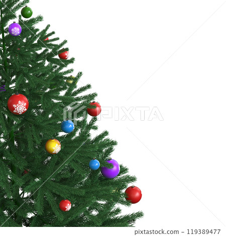 Christmas tree with decorations, isolated on white background, 3D illustration, cg render Christmas tree with decorations, isolated on white background, 3D illustration, cg render 119389477