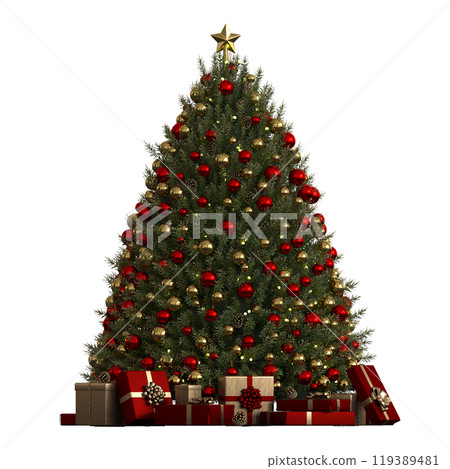 Christmas tree with decorations, isolated on white background, 3D illustration, cg render 119389481
