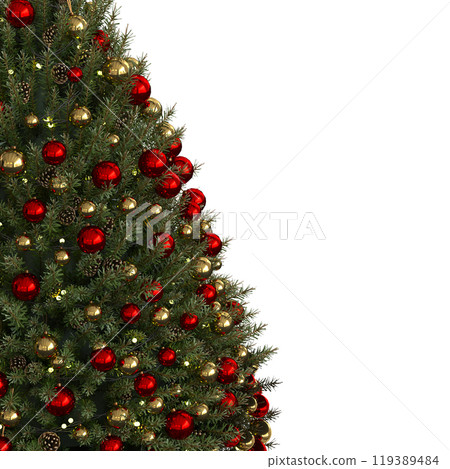 Christmas tree with decorations, isolated on white background, 3D illustration, cg render Christmas tree with decorations, isolated on white background, 3D illustration, cg render 119389484