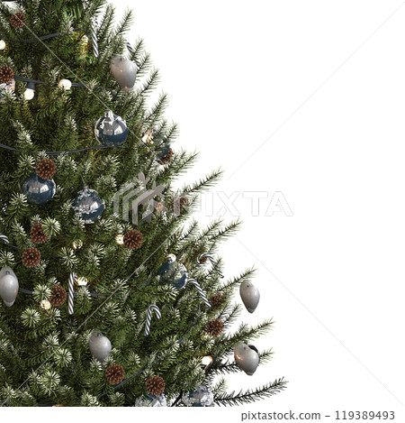 Christmas tree with decorations, isolated on white background, 3D illustration, cg render Christmas tree with decorations, isolated on white background, 3D illustration, cg render 119389493
