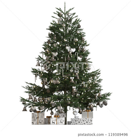 Christmas tree with decorations, isolated on white background, 3D illustration, cg render Christmas tree with decorations, isolated on white background, 3D illustration, cg render 119389496