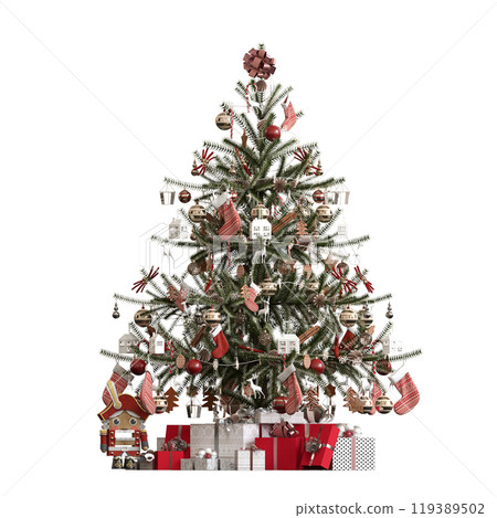 Christmas tree with decorations, isolated on white background, 3D illustration, cg render 119389502