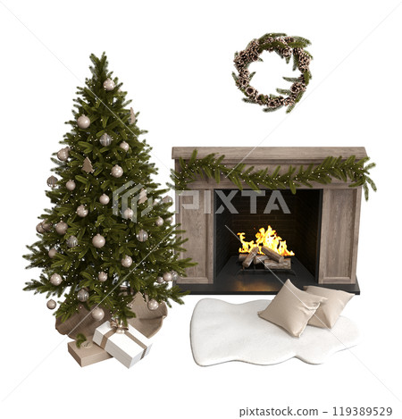 Christmas tree with decorations, isolated on white background, 3D illustration, cg render 119389529