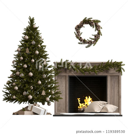 Christmas tree with decorations, isolated on white background, 3D illustration, cg render 119389530