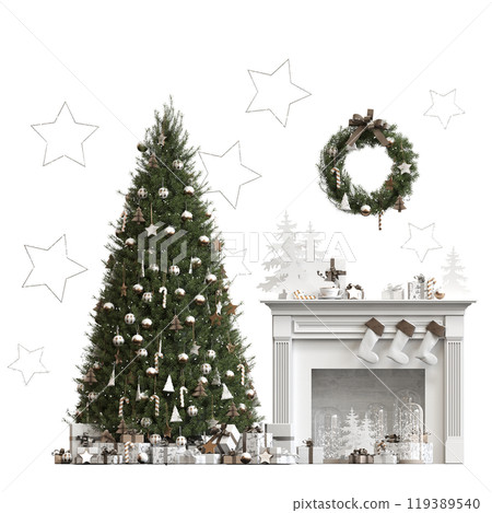 Christmas tree with decorations, isolated on white background, 3D illustration, cg render Christmas tree with decorations, isolated on white background, 3D illustration, cg render 119389540