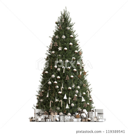 Christmas tree with decorations, isolated on white background, 3D illustration, cg render Christmas tree with decorations, isolated on white background, 3D illustration, cg render 119389541