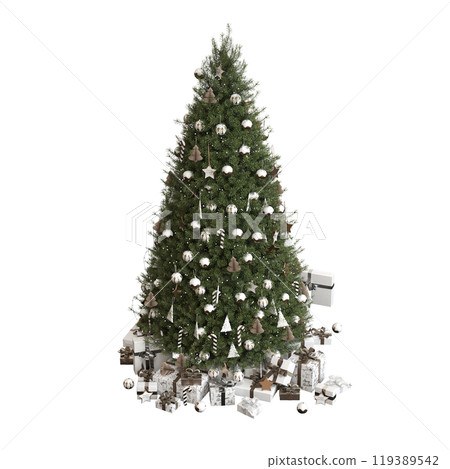 Christmas tree with decorations, isolated on white background, 3D illustration, cg render 119389542