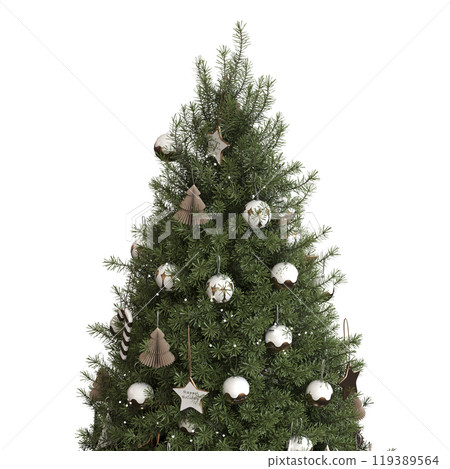 Christmas tree with decorations, isolated on white background, 3D illustration, cg render Christmas tree with decorations, isolated on white background, 3D illustration, cg render 119389564
