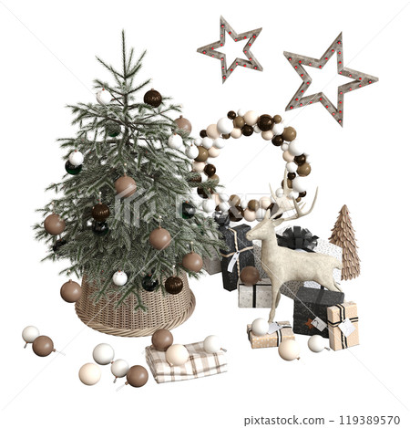Christmas tree with decorations, isolated on white background, 3D illustration, cg render Christmas tree with decorations, isolated on white background, 3D illustration, cg render 119389570
