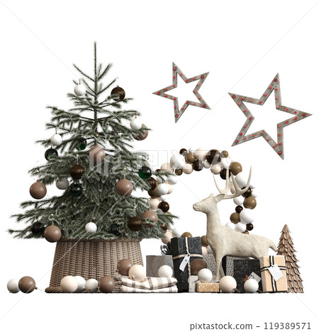 Christmas tree with decorations, isolated on white background, 3D illustration, cg render Christmas tree with decorations, isolated on white background, 3D illustration, cg render 119389571