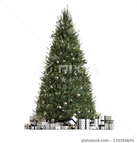 Christmas tree with decorations, isolated on white background, 3D illustration, cg render 119389609