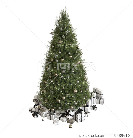 Christmas tree with decorations, isolated on white background, 3D illustration, cg render 119389610