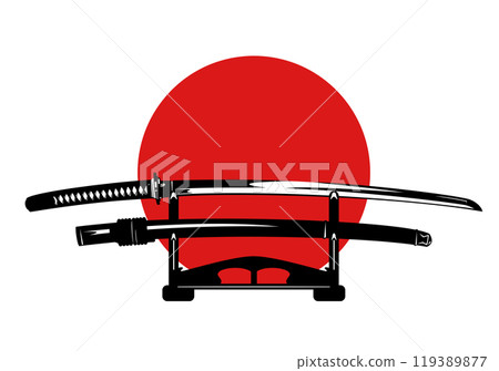 japanese samurai katana sword with scabbard put on stand with red sun circle vector design japanese samurai katana sword with scabbard put on stand with red sun circle vector design 119389877