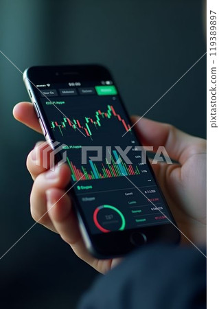 female hand with smartphone trading stock online in coffee shop, business concept 119389897