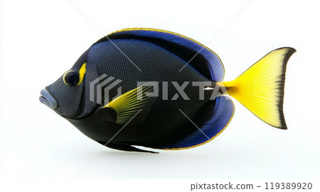 Surgeonfish swims gracefully displaying striking blue yellow and black patterns against a plain white backdrop. Its unique shape stands out beautifully. 119389920