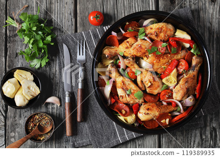 Basque Chicken Pepper Artichoke and Chorizo Saute 119389935