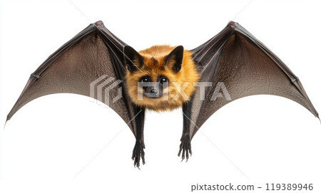 Siamese Flying Fox with its striking fur and expansive wings is captured mid flight highlighting its unique features against a clean white backdrop. Siamese Flying Fox with its striking fur and expansive wings is captured mid flight highlighting its unique features against a clean white backdrop. 119389946