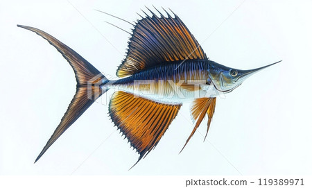 magnificent Sailfish displays its striking fins and elongated body in a stunning high resolution format emphasizing its natural beauty and unique characteristics. 119389971
