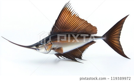 stunning Sailfish known for its impressive dorsal fin and elongated bill displays vibrant colors and intricate details set against a clean white background. 119389972