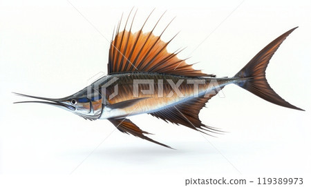 Sailfish known for its remarkable speed and striking appearance is captured in stunning detail against a crisp white background highlighting its vibrant fins and elongated body. 119389973