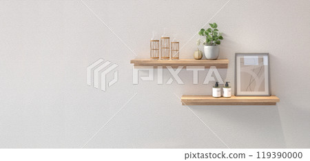 簡單的壁架,附在白牆上的橡木架,斯堪的納維亞自然內飾 簡單的壁架,附在白牆上的橡木架,斯堪的納維亞自然內飾 119390000