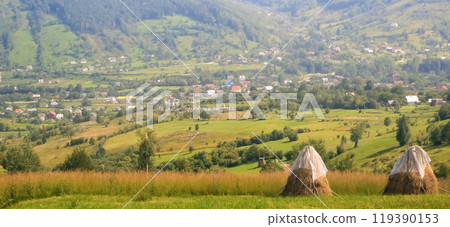 Two haystacks against the backdrop of fields and a village in the Carpathian Mountains of Ukraine 119390153