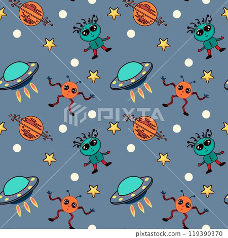 Seamless childish space pattern with funny aliens, Flying Saucers, stars, planets. Monsters in space. For children's textiles, wrapping paper, fabric, nursery, wall, book cover, textile, cards. Seamless childish space pattern with funny aliens, Flying Saucers, stars, planets. Monsters in space. For children's textiles, wrapping paper, fabric, nursery, wall, book cover, textile, cards. 119390370