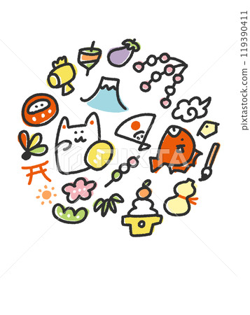 Cute New Year's illustrations, New Year's card materials, hand-drawn, line drawings Cute New Year's illustrations, New Year's card materials, hand-drawn, line drawings 119390411