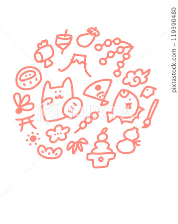 Cute illustrations of lucky New Year's items, New Year's card materials, hand-drawn, line drawings Cute illustrations of lucky New Year's items, New Year's card materials, hand-drawn, line drawings 119390480
