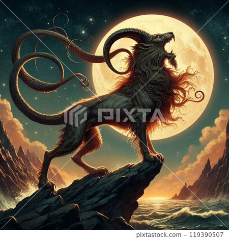 滿月之夜，滿月、雲彩和閃亮的太陽照亮的龍的剪影 119390507