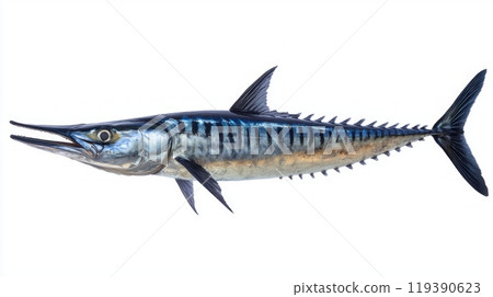 detailed portrayal features a striking Wahoo fish Acanthocybium solandri showcasing its sleek body and vibrant coloration ideal for culinary and educational use. detailed portrayal features a striking Wahoo fish Acanthocybium solandri showcasing its sleek body and vibrant coloration ideal for culinary and educational use. 119390623