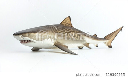 striking representation of a tiger shark highlights its unique stripes and strong physique emphasizing its role as a powerful predator in marine ecosystems. 119390635