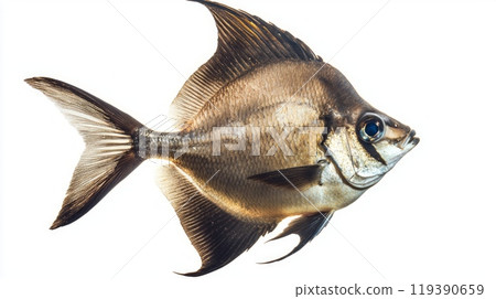 Spadefish belonging to the Ephippidae family displays its distinct body shape and coloration against a white background highlighting its aquatic features and beauty. 119390659