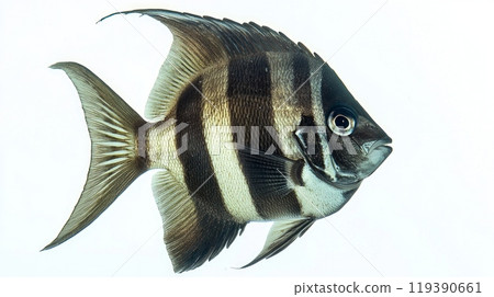 striking Spadefish displays its distinctive black and white striped pattern while floating against a clean white backdrop emphasizing its shape and features. 119390661